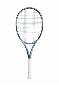 Tennistennis racket met een blauwe frame, witte textuur grip en een rasterpatroon van snaren. Heeft een ronde kop en een verlengde hals voor controle.