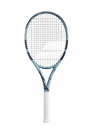 Tennisschläger mit blauem Rahmen, weißem strukturiertem Griff und einem Rautensaitenmuster. Verfügt über einen runden Kopf und einen verlängerten Hals für bessere Kontrolle.