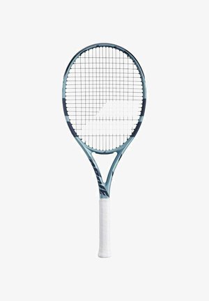Tennisschläger mit blauem Rahmen, weißem strukturiertem Griff und einem Rautensaitenmuster. Verfügt über einen runden Kopf und einen verlängerten Hals für bessere Kontrolle.