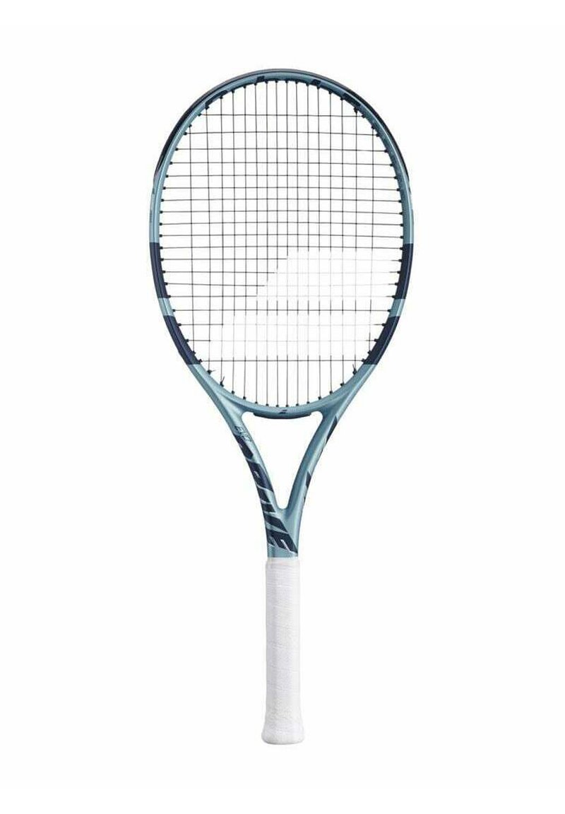 Tennistennis racket met een blauwe frame, witte textuur grip en een rasterpatroon van snaren. Heeft een ronde kop en een verlengde hals voor controle.