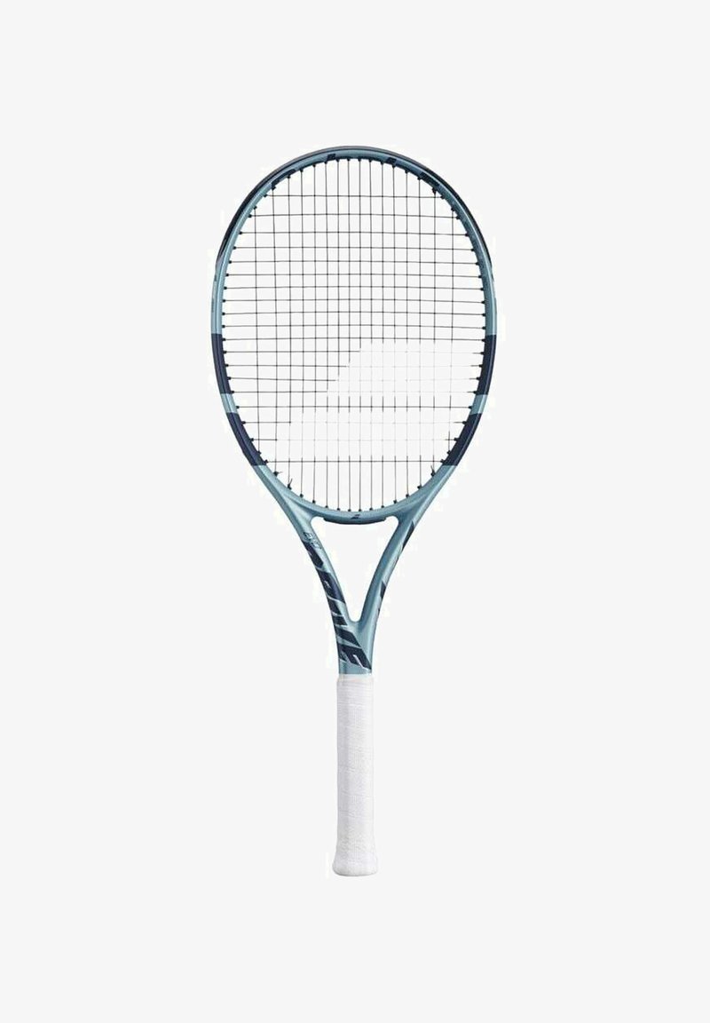 Tennistennis racket met een blauwe frame, witte textuur grip en een rasterpatroon van snaren. Heeft een ronde kop en een verlengde hals voor controle.
