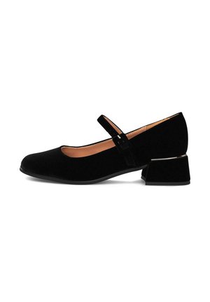 Zapato Mary Jane de terciopelo negro con punta redonda, correa con hebilla y tacón medio. Parte superior texturizada y forro interior suave.