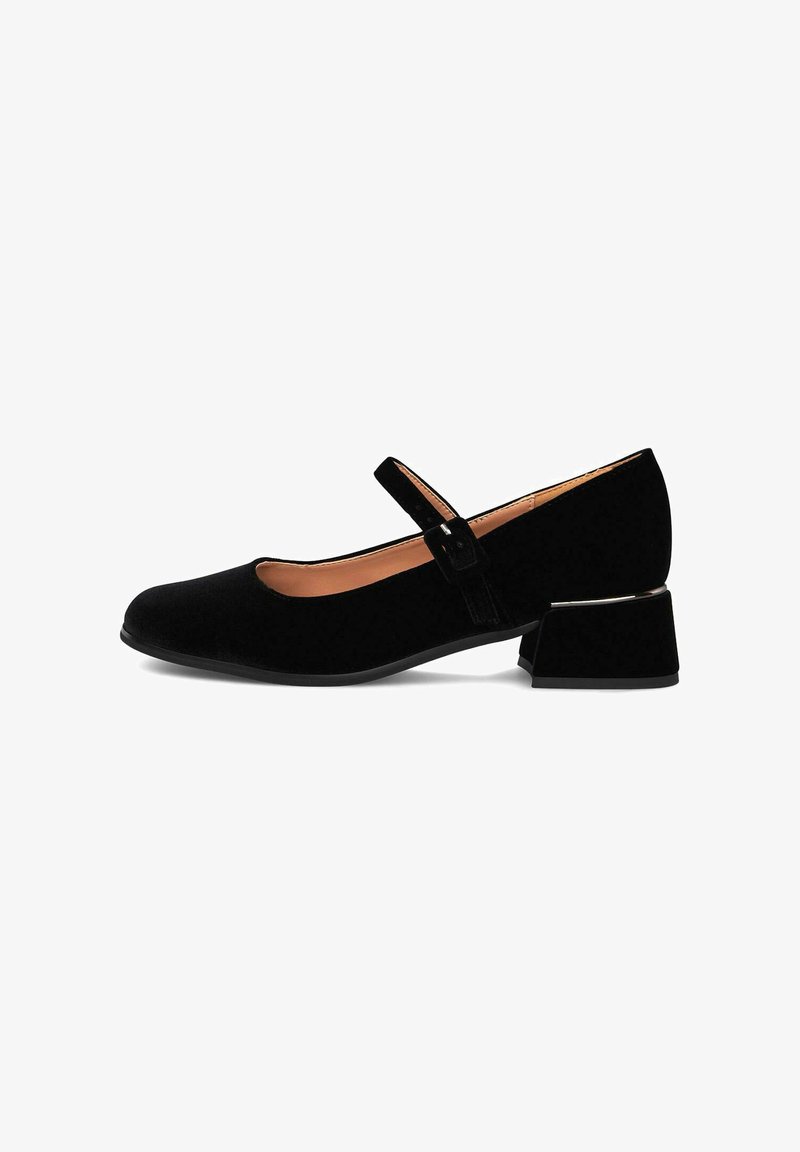 Schwarze Samt-Mary-Jane-Schuhe mit runder Zehenform, einem Schnallenriemen und einem moderaten Absatz. Strukturiertes Obermaterial und glatte Innenauskleidung.