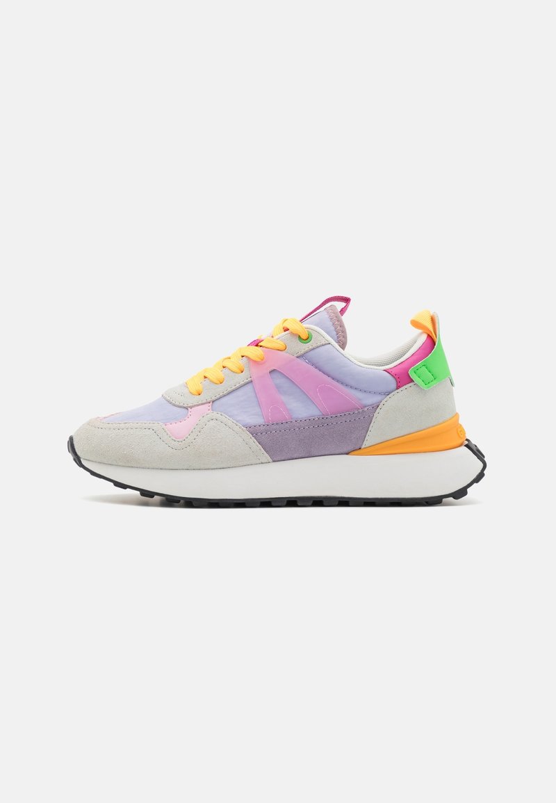 Multi-colored sneaker featuring a mix of suede and smooth materials. Design includes pink, purple, and yellow accents with a thick white sole.