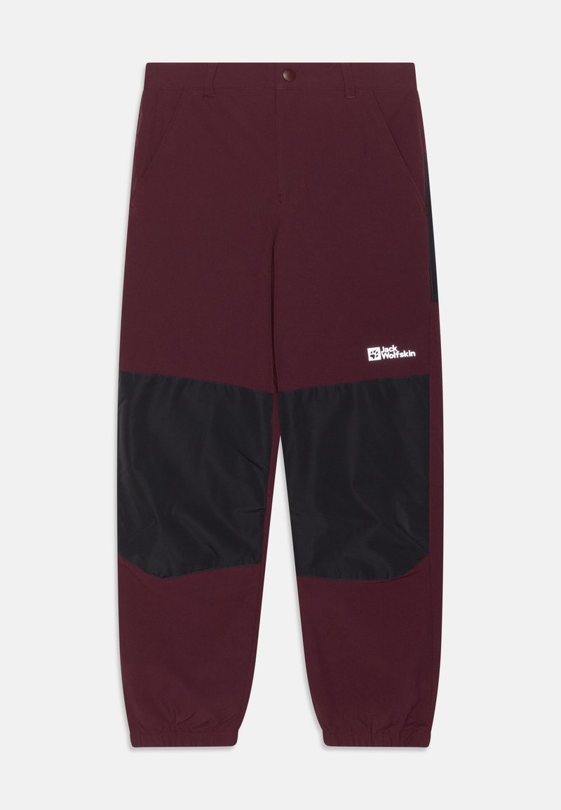 Vinröda byxor med svarta detaljer, med en logotyp, två framfickor och elastiska muddar. Tillverkade av slitstukt material för utomhusbruk.