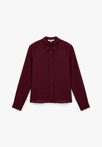 Burgundy long-sleeve shirt made of smooth fabric, featuring a pointed collar, front button closure, and fitted silhouette.