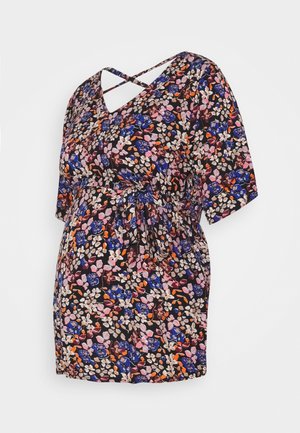 Bloemenmaternitytop met korte mouwen, V-hals, gekruiste rugbandjes en verstelbare strik in de taille in paarse, roze, oranje en blauwe tinten.