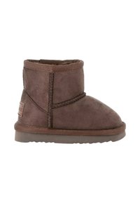 Stivaletto in suede marrone, con punta arrotondata e dettagli cuciti, dotato di una morbida fodera e una suola in gomma testurizzata.