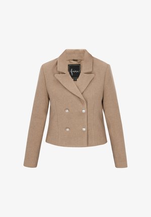 Beige uldblandings dobbeltradet jakke med krave, sølvknapper og en figursyet silhuet. Glat tekstur og skræddersyet design.