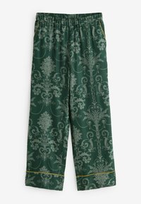 Zelené nohavice s vzorom, ktoré obsahujú kvetinový a scroll dizajn v svetlo šedej farbe, s elastickým pásom a žltým akcentným prešívaním na okraji.