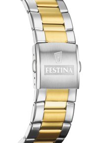 Metāla pulkstenis ar sudraba un zelta divkrāsu aproci. Aizdare ir ar pulētu tēraudu, uz kura ir iekalts "Festina" logotips.