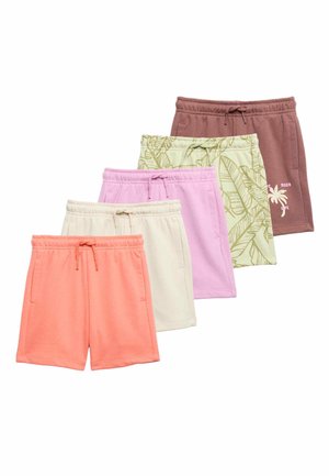 Pięć par casualowych szortów z elastycznym pasem w kolorach koralowym, kremowym, lawendowym, zielonym z nadrukiem liści oraz brązowym z białym wzorem palmy.