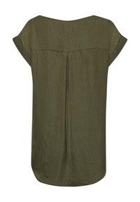 Blusa verde oliva con mangas cortas tipo capucha, tejido ligero, sutil estampado de lunares, dobladillo redondeado y detalle de costura en la parte trasera.