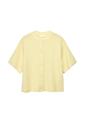 Cardigan en maille jaune pâle à manches courtes avec encolure ronde et fermeture boutonnée sur le devant, présenté à plat.