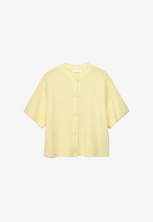 Short-sleeve pale yellow knit cardigan with round neckline and front button closure, displayed flat.