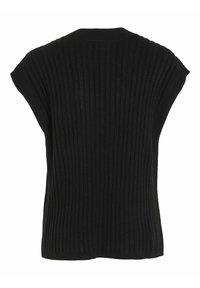 Pull sans manches noir en maille côtelée avec un col rond haut et une coupe décontractée.