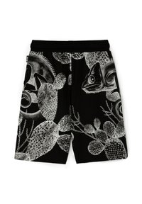 Pantalones cortos negros con un detallado patrón blanco de camaleones, cactus y texturas. Hechos de una tela suave con cinturilla elástica.