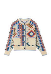 Ζακέτα με κουμπιά και ζωντανά γεωμετρικά σχέδια σε κόκκινο, μπλε, πράσινο και μπεζ, με δύο μπροστινές τσέπες και ριμπ μανσέτες και τελείωμα.