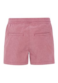 Czerwone szorty w paski wykonane ze sztruksu, z talią i dwoma tylnymi kieszeniami, starannie obszytym dołem i gładką fakturą.