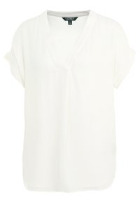Vitt kortärmad blus med V-hals och rullade ärmuppvik, tillverkad av lätt tyg, med Lauren Ralph Lauren-märke synligt inuti kragen.
