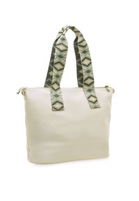 Borsa tote in pelle beige con manici pattern verde. Chiusura con zip e forma strutturata, che mette in risalto una texture liscia e un design resistente.