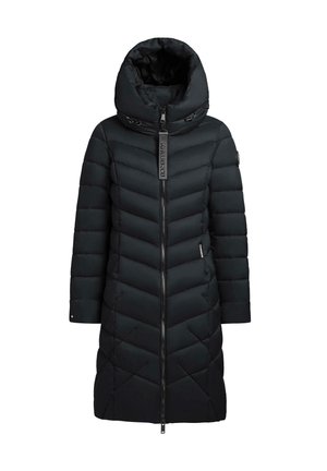 Langer schwarzer gesteppter Wintermantel mit hohem Kragen, Kapuze, Frontreißverschluss und langen Ärmeln, entwickelt für Wärme und Isolierung.