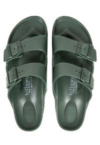 Sandales en synthétique vertes avec deux sangles réglables à boucle, semelle intérieure ergonomique, finition lisse et logo sur la semelle.