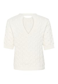 Pull en tricot blanc à manches courtes, avec un décolleté en V, un dos ouvert et de petits accents en perles sur les manches. Design en tricot à câble texturé.
