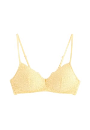 Lysegul blonde-bh med justerbare tynde skulderstropper og bløde trekantede skåle, designet til let støtte og komfort.