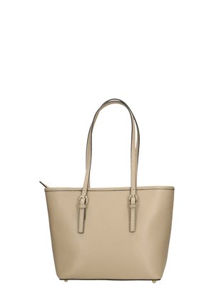 Sac fourre-tout beige avec une texture lisse, des poignées doubles, des éléments en métal doré et une forme rectangulaire structurée. Aucune poche extérieure visible.
