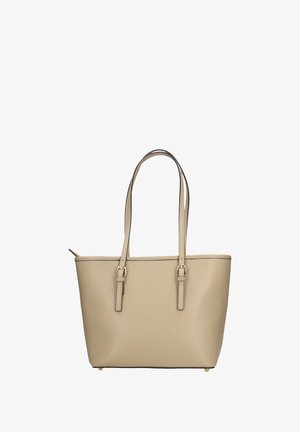 Beige schoudertas met een gladde textuur, dubbele handgrepen, hardware in goudkleur en een gestructureerde rechthoekige vorm. Geen zichtbare buitenzakken.