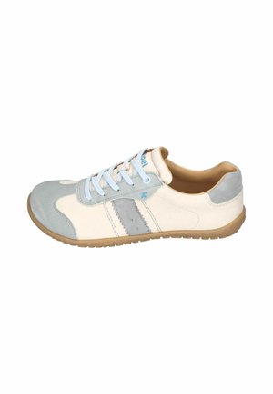 Men’s casual lace-up sneaker in off-white with light gray suede toe, heel, and side accents, and a light brown rubber sole.