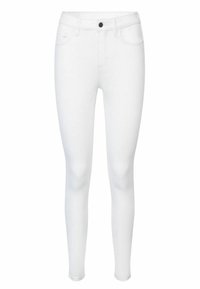 Vaqueros skinny de mezclilla blanca con cintura alta, diseño de cinco bolsillos y un solo botón negro de cierre. Textura suave y forma ajustada.