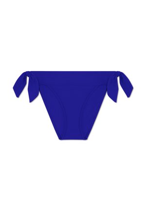 Swim bikini bottom in solid blue, features adjustable ties on each side, made from smooth, stretch fabric with a mid-rise cut and minimal coverage.