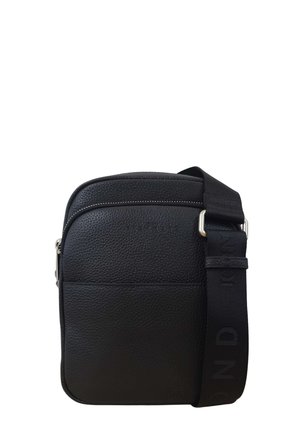 Borsa a tracolla nera con texture, dotata di ampia tracolla regolabile con discreta scritta del marchio in rilievo.