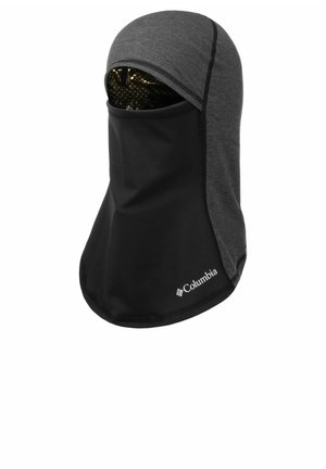 Columbia-Balaclava mit grauem oberen Bereich und schwarzem unteren Abschnitt, ausgestattet mit einer glatten Textur, atmungsaktivem Design und einem Logo auf der Vorderseite.