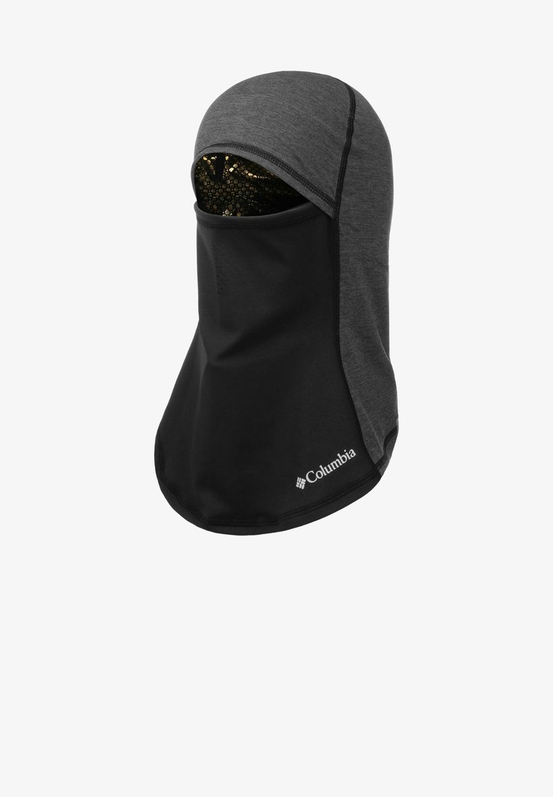 Balaclava Columbia con parte superiore grigia e parte inferiore nera, caratterizzata da una texture liscia, design traspirante e logo sulla parte frontale.