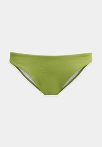 Zeleni bikini spodnji del z teksturirano površino in nizkim krojem. Ima kontrastno notranjo podlogo, kar zagotavlja varno in udobno prileganje.