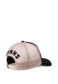 Black and tan cap with mesh back; features embroidered "GUINNESS" text, curved brim, and adjustable plastic snap closure.