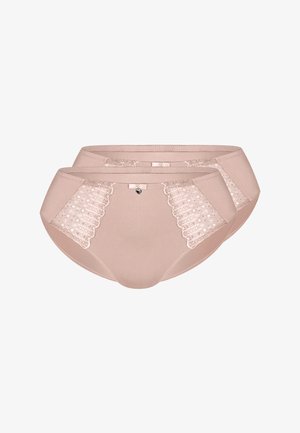 Two beige women's briefs with lace side panels and small front bows, layered against a white background.