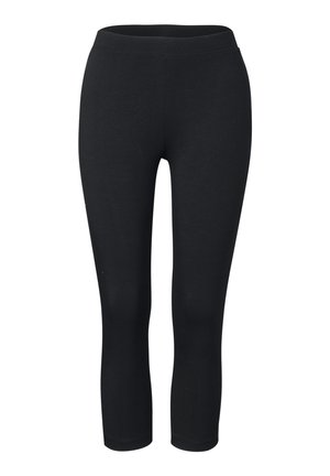 Schwarze Leggings aus einem weichen, dehnbaren Stoff. Sie verfügen über einen hohen Bund und ein eng anliegendes Design, das kurz unterhalb der Wade endet.