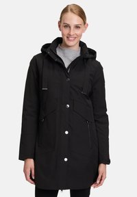 Schwarze kapuzenparka-Jacke mit Reißverschluss und Druckknopfverschluss, vorderen Taschen, verstellbaren Kordeln und glatter Oberfläche.