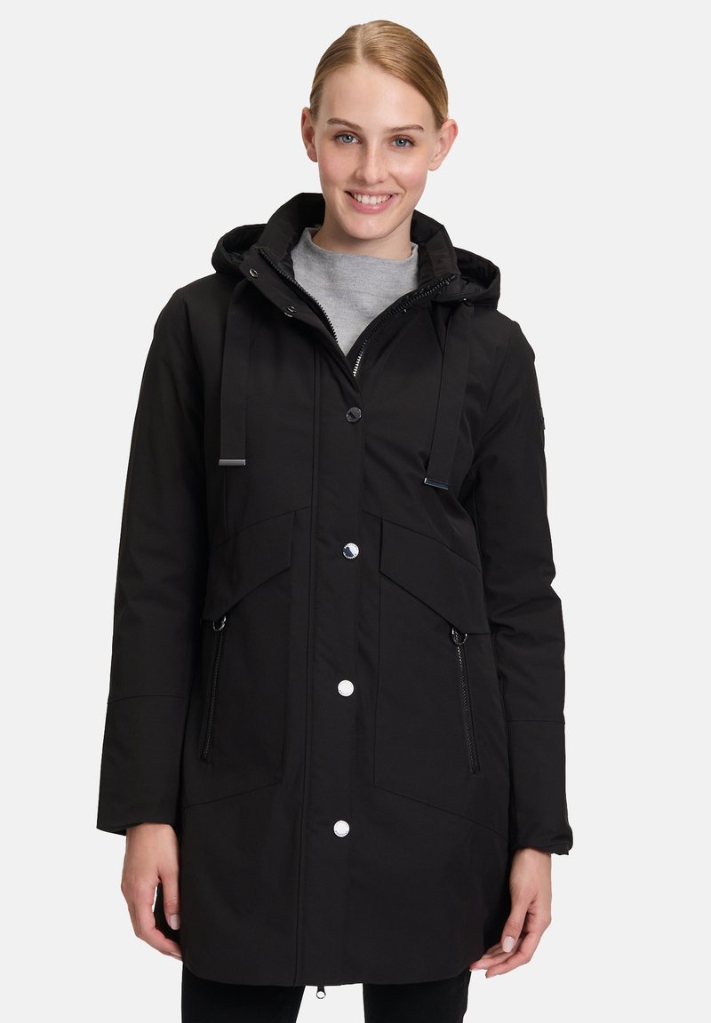 Schwarze kapuzenparka-Jacke mit Reißverschluss und Druckknopfverschluss, vorderen Taschen, verstellbaren Kordeln und glatter Oberfläche.