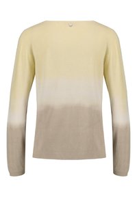 Suéter de punto con un diseño degradado, que pasa de amarillo claro en la parte superior a beige en la inferior. Mangas largas y detalle de botones en la parte posterior.