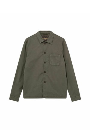 Tume rohelise pikal varrukaga nööbitav triiksärkjakk krae ja ühe rinnataskuga valgel taustal.