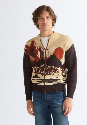 Homme portant un sweat zippé avec un motif paysage représentant des montagnes, des arbres et un soleil rouge, associé à un jean bleu.