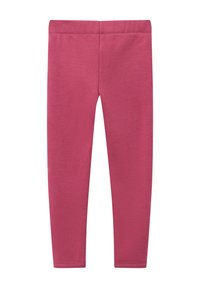 Leggings rosa con una texture liscia e una cintura elastica, caratterizzati da un taglio dritto che si restringe alle caviglie. Nessun motivo o dettaglio.