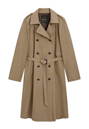 Beige trenchcoat av tyg med dubbelknäppt framstycke, stor krage, framfickor och ett tygbälte i midjan.