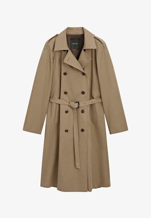 Beiger Trenchcoat aus Stoff mit doppelreihiger Vorderseite, großem Kragen, Fronttaschen und einem Stoffgürtel in der Taille.