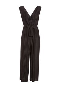 Jumpsuit noir plissé avec un décolleté en V profond, une silhouette à jambes larges et une ceinture nouée à la taille ; présente un tissu texturé et un design élégant.